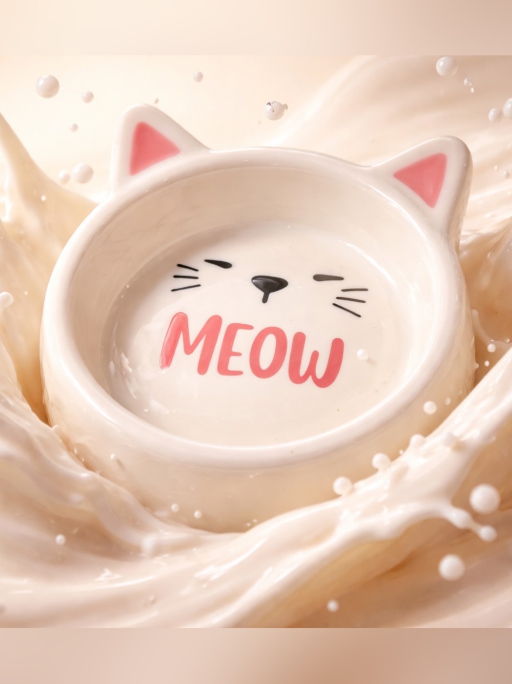 Whisker City “Meow” Shallow Cat Bowl Dish White/Pink Ceramic 5.5” Diameter